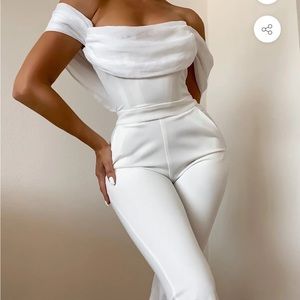 Sherlyn White Off Shoulder Flared Crepe Jumpsuit NWT